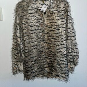 CDW Fuzzy/Fringe Black and Brown Safari/tiger pattern blouse 1990 y2K